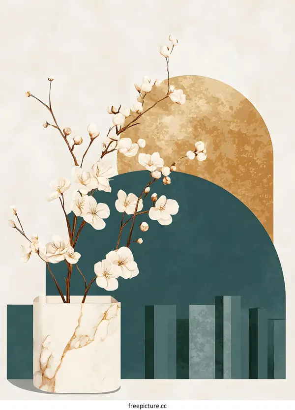 Abstract Floral Artwork with White Blossoms and Geometric Shapes