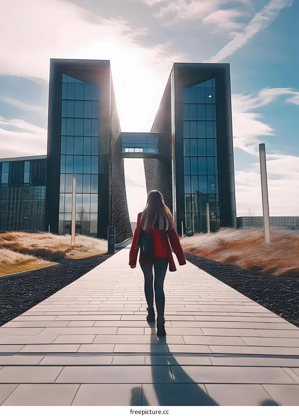 Woman Walking Towards Modern Building