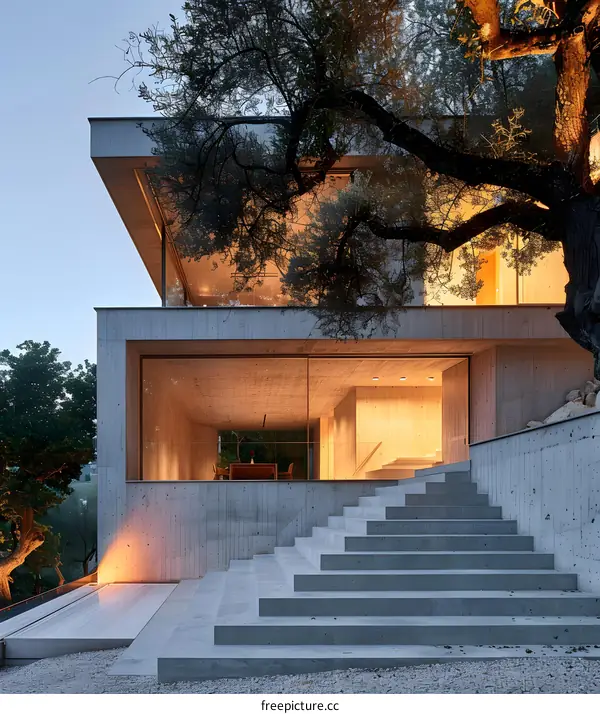 Modern Concrete House with Large Windows and Stairs