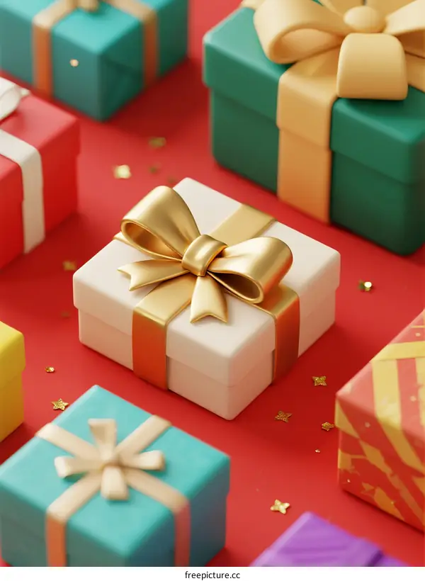 Colorful Gift Boxes with Golden Bows on Red Background