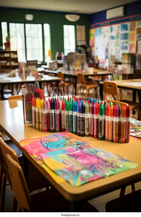 A Classroom Full of Markers and Chairs in Rainbow Colors