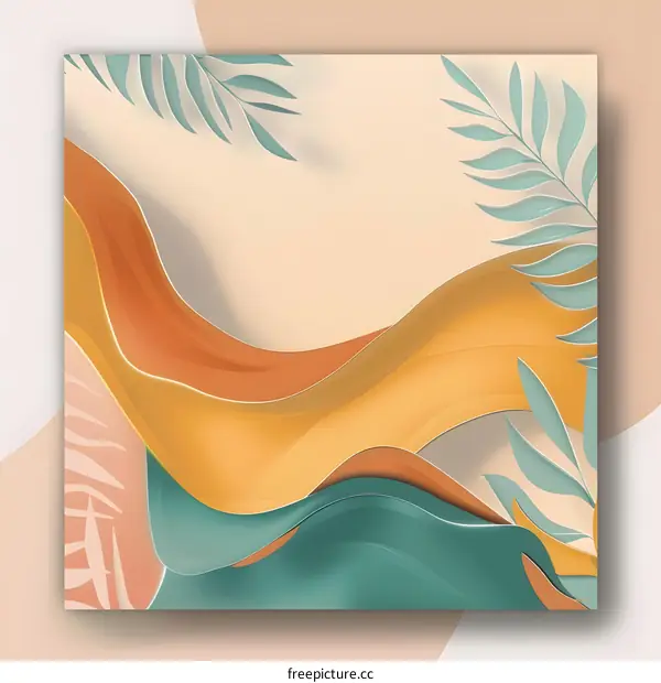 Abstract  Background with  Green Leaves and  Wavy  Lines