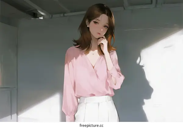A Young Woman Wearing Pink Blouse and White Pants Standing Indoors