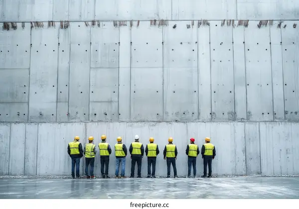 Construction Workers Facing Concrete Wall