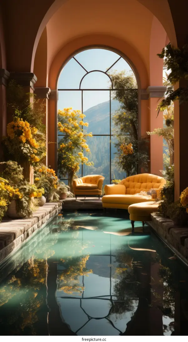 Elegant yellow living room with large windows and a reflecting pool