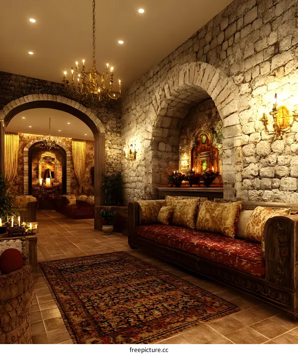 Medieval Style Interior Design with Stone Walls and Chandeliers