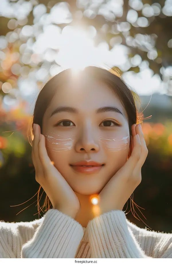 Asian Woman Applying Eye Cream Outdoors in Sunshine
