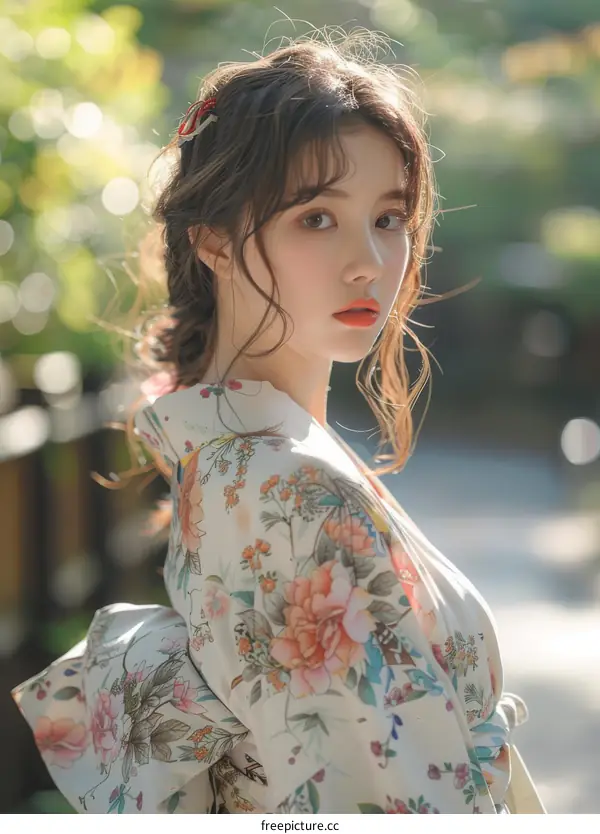 Asian Woman in Traditional Kimono Outdoor Portrait