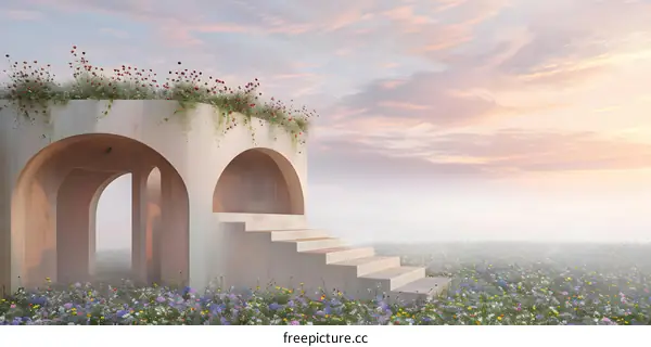 Stone Archway With Flowers And Stairs
