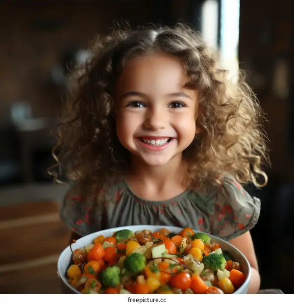 Little curly-haired girl holding a bowl of fresh vegetables
