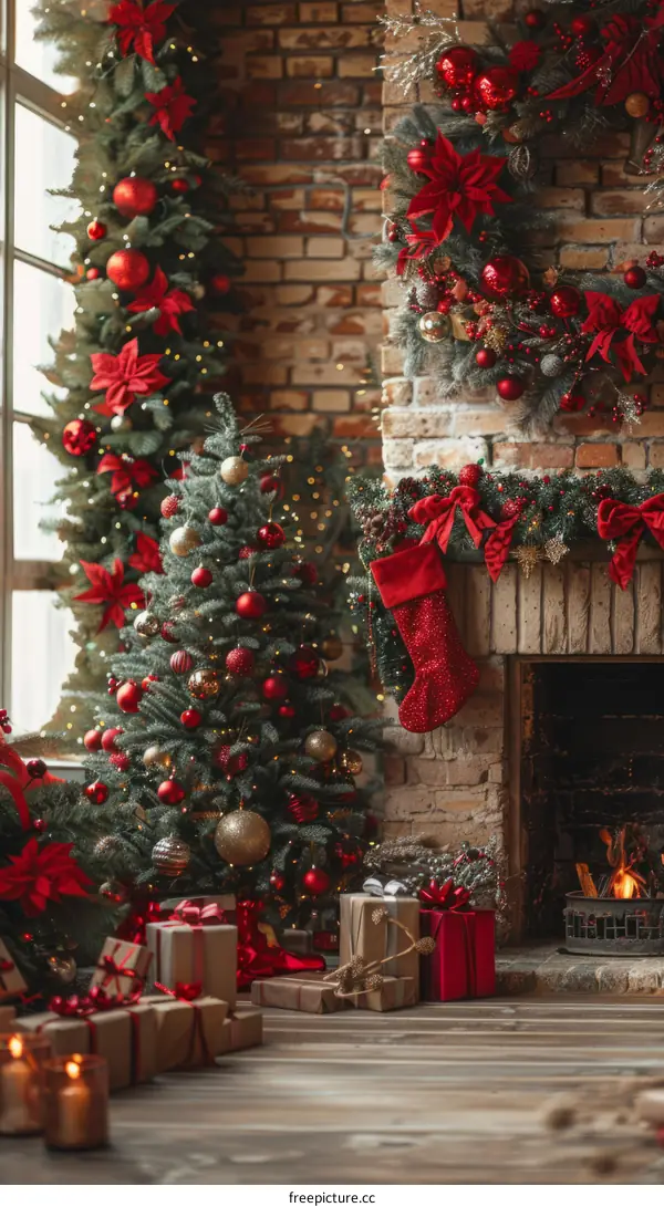 Christmas tree in a room with a fireplace