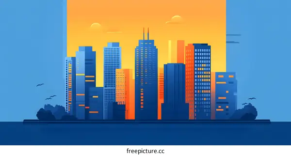 Cityscape Silhouette with Sunset Sky Illustration