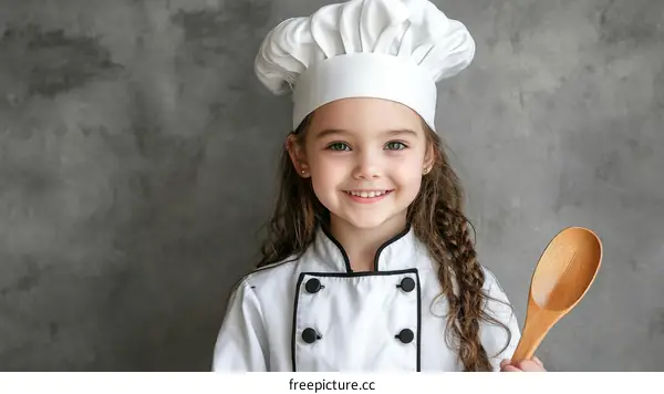 Young Chef Girl Smiling With Wooden Spoon