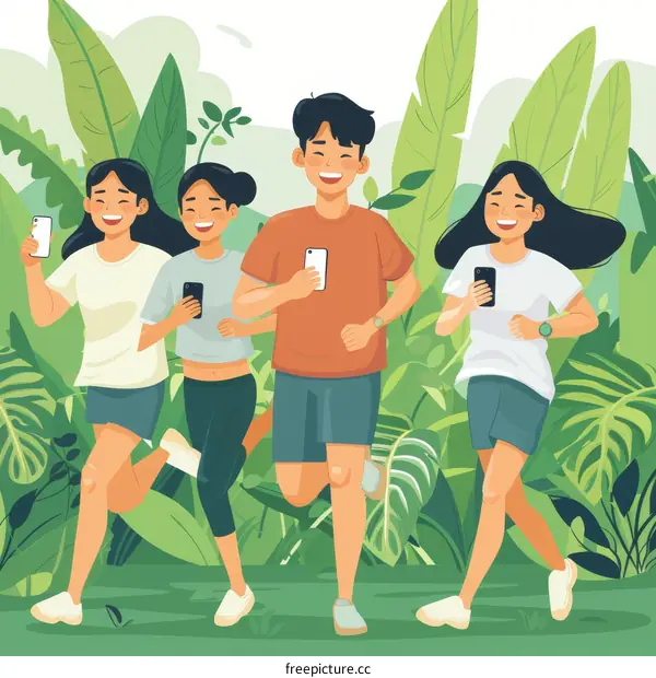 Four people running in the forest