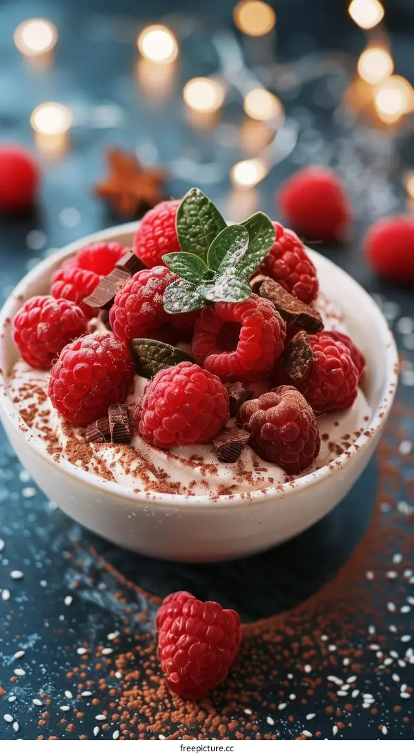 Raspberries and cream dessert with chocolate shavings
