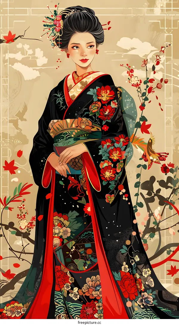 A Japanese woman wearing a kimono with a floral pattern and holding a fan.