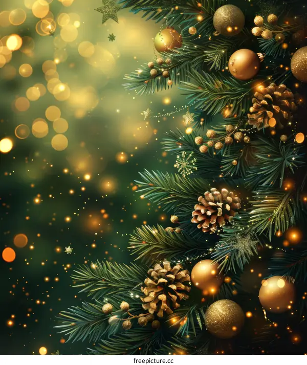 Golden Christmas Tree with Christmas Decorations and Lights