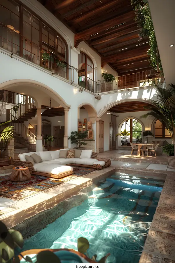 Indoor Swimming Pool and Living Room With Plants