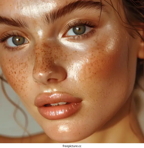 Close up portrait of a beautiful woman with freckles and green eyes