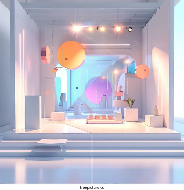 3D rendering of a modern art gallery with geometric shapes and pastel colors