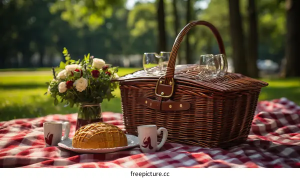 Still life of a picnic with a picnic basket, flowers, and bread