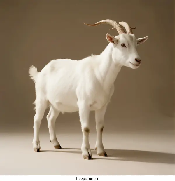 White Goat with Curved Horns Standing on Beige Background