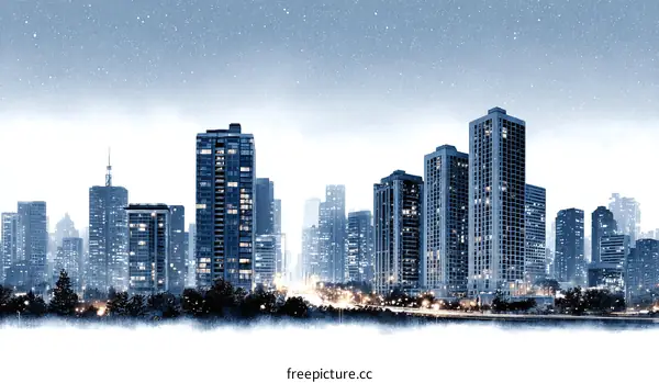 Winter Night Cityscape Skyline with Snow