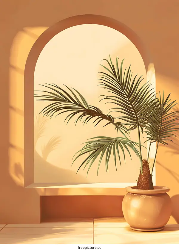 Palm Tree In A Pot Near Arch Window