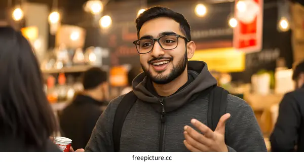 Smiling Young Man with Glasses in a Cafe Talking to a Woman