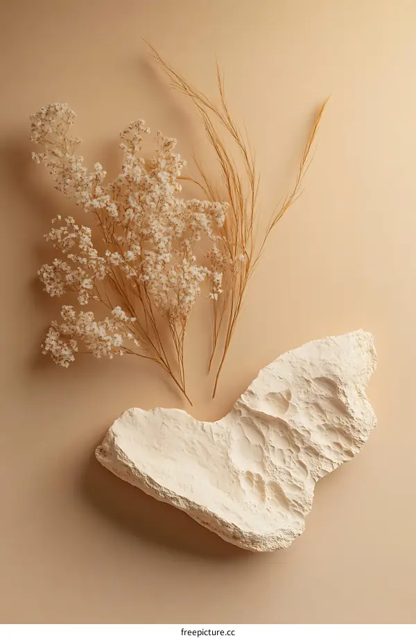 Minimalist Dried Flowers and Stone on Beige Background