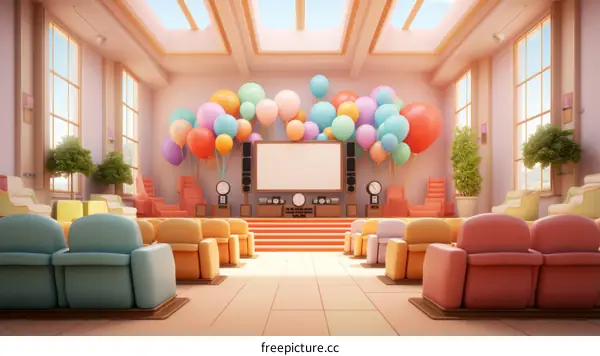 A brightly colored room with balloons and a movie screen