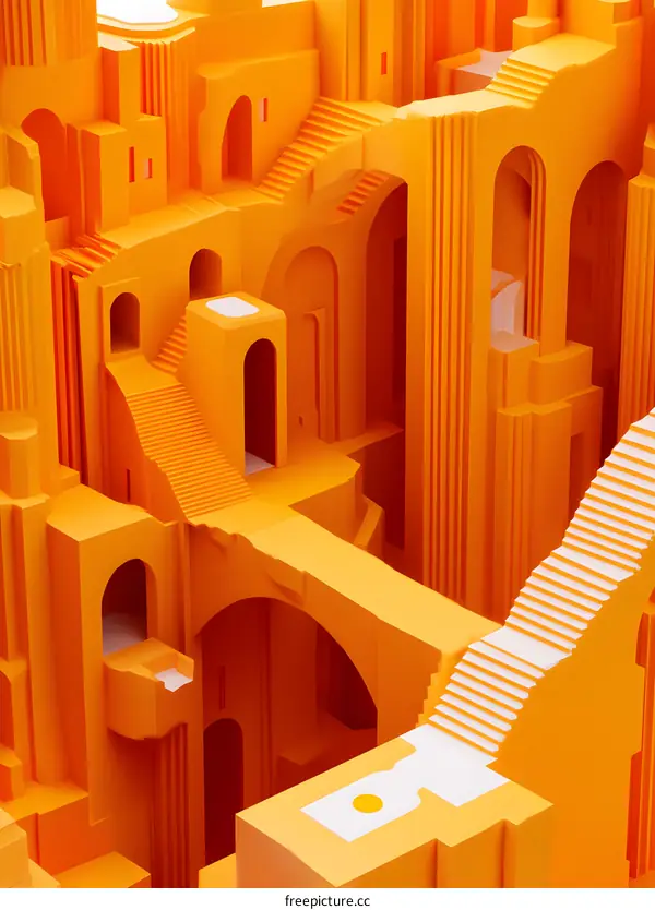 Abstract Orange Architecture with Stairs and Arches