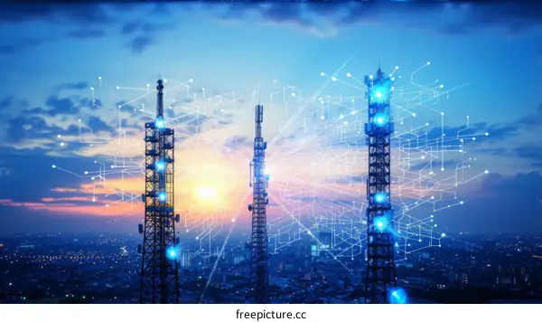 Telecommunication Towers with Network Lines and Cityscape at Sunset