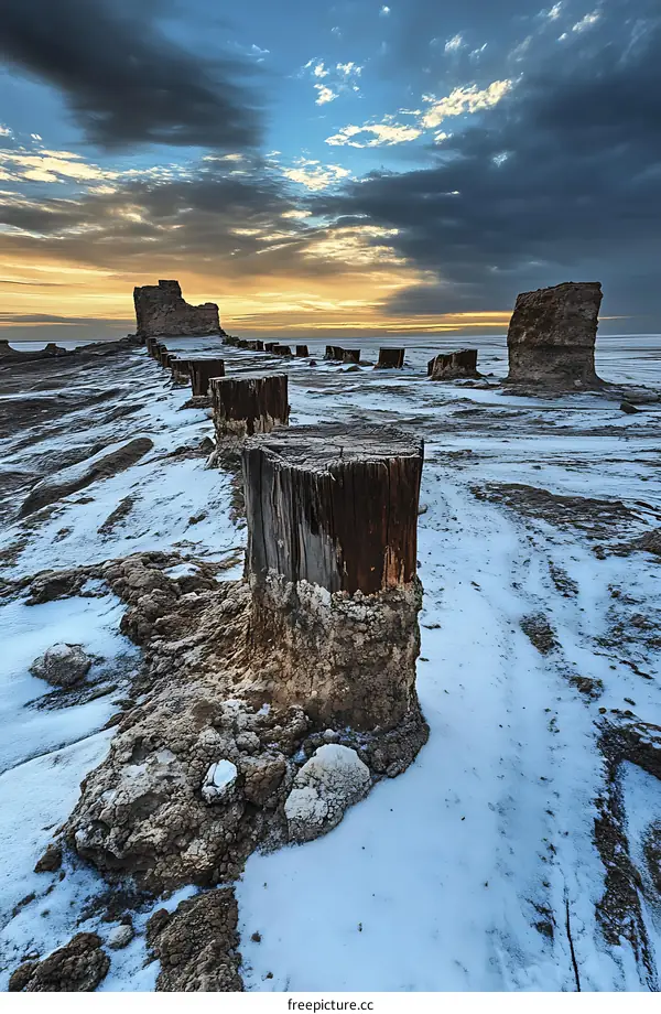 Wooden Posts in the Salt Flats at Sunset