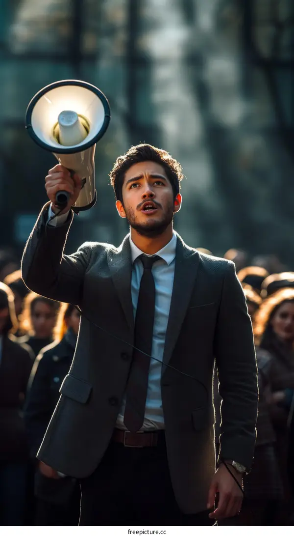 man in suit holding megaphone at protest