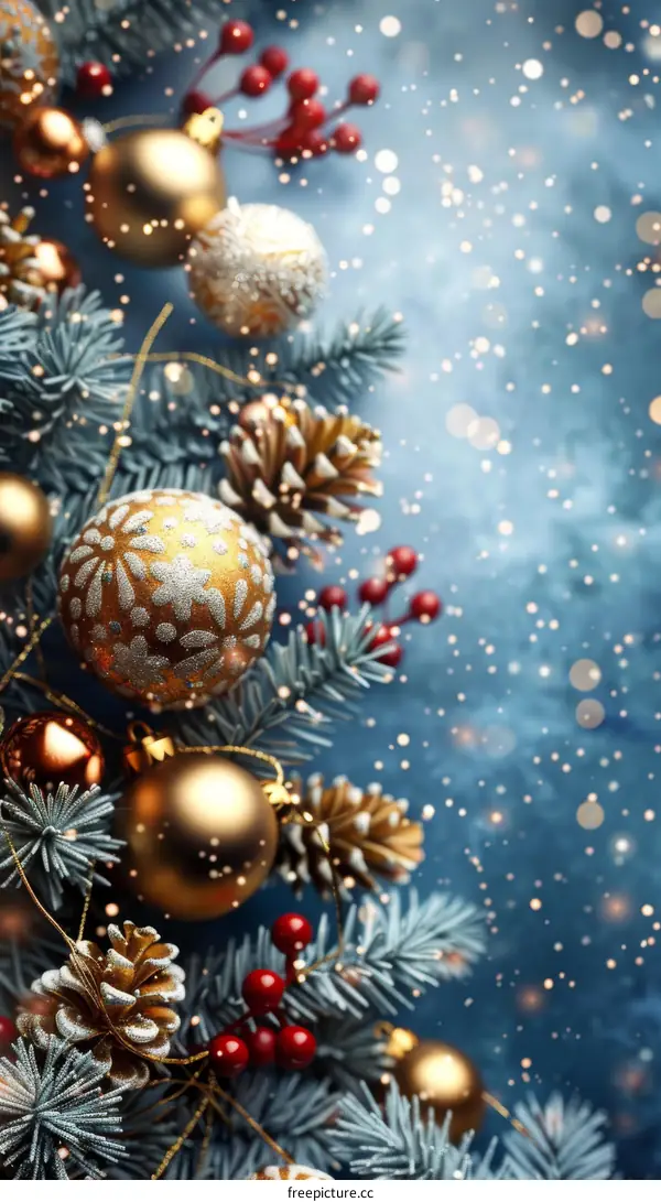 Christmas Tree with Golden Ornaments and Red Berries