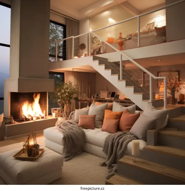 Cozy minimalist living room interior design with fireplace and staircase