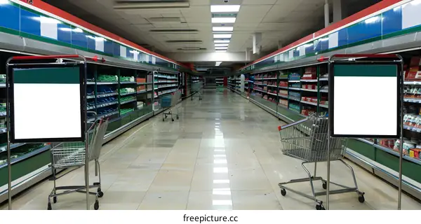 Empty Supermarket Aisle with Shopping Carts