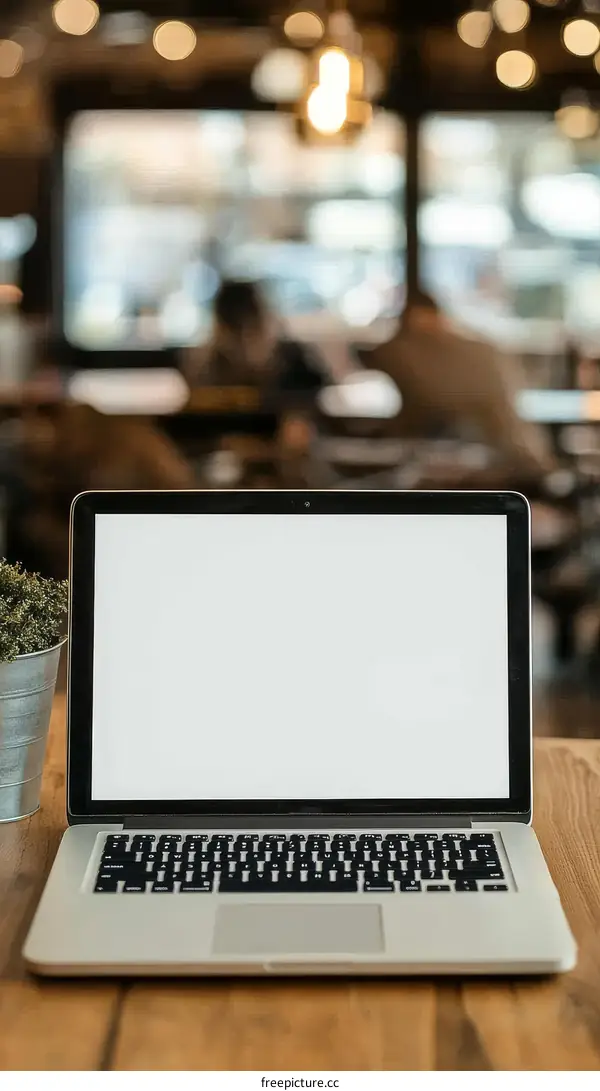 Laptop on Wooden Table in Cafe Setting