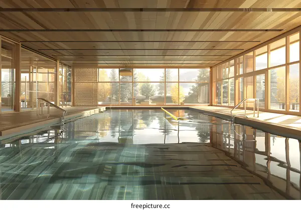 An indoor swimming pool with a view of the forest