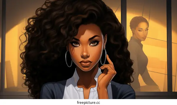 Illustration of a beautiful black woman with long curly hair wearing a suit