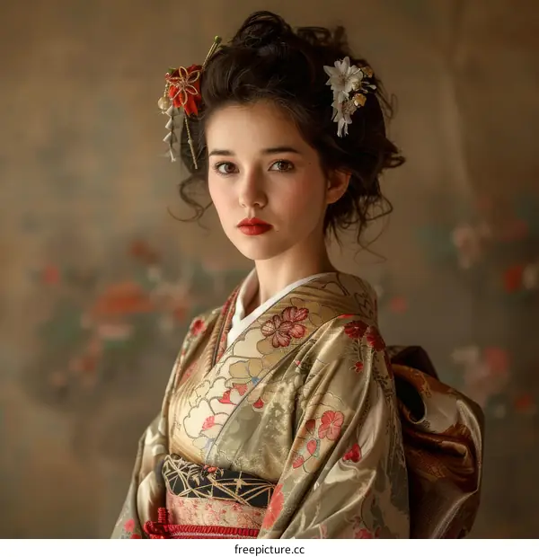 Young Woman Wearing a Traditional Kimono