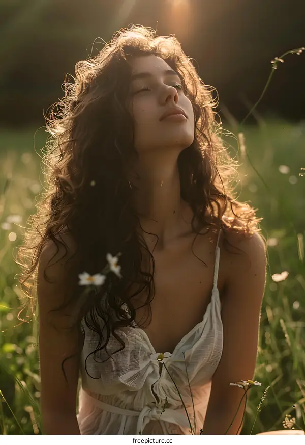 Woman with Curly Hair in a Field of Flowers