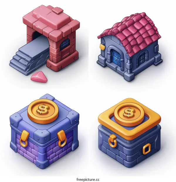 A set of four cartoon style buildings