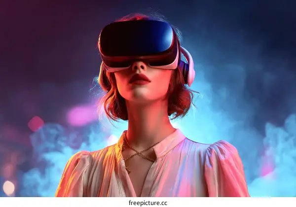 Woman Wearing VR Headset in Neon Light