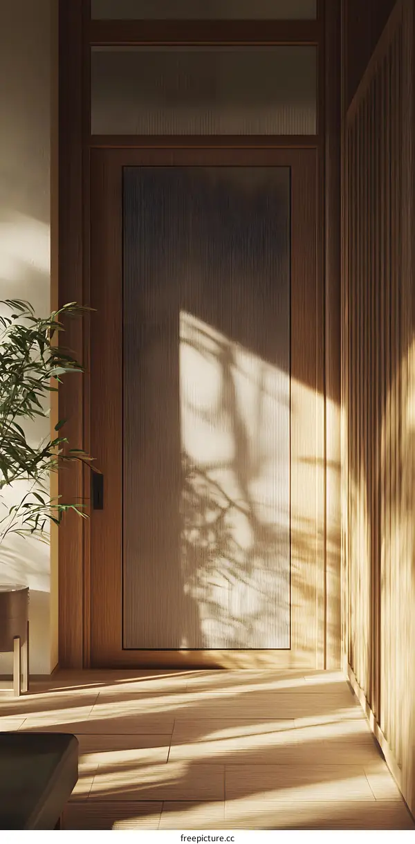 Minimalist Interior Design with Wooden Door and Sunlight