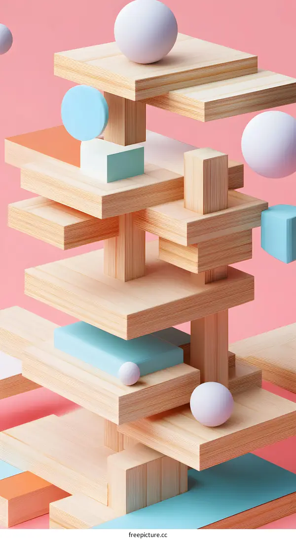 Abstract Wooden Blocks Geometric Shapes Pastel Pink Background