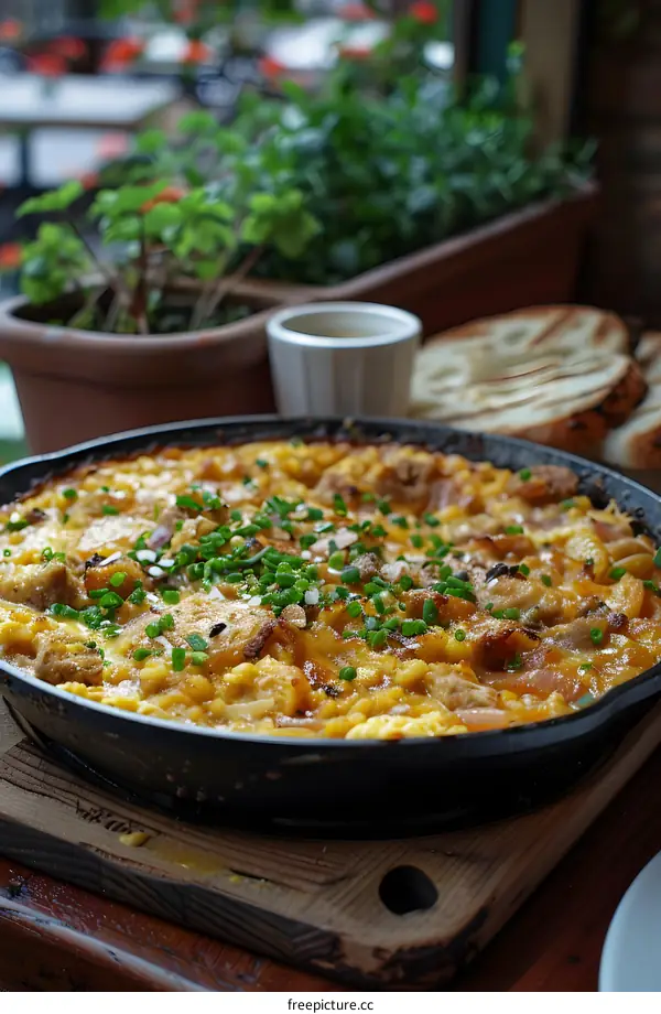 A delicious breakfast skillet with eggs, potatoes, and bacon