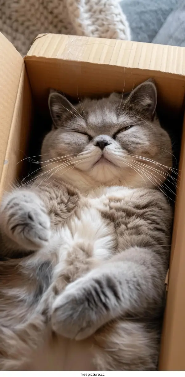 A gray cat is sleeping in a cardboard box
