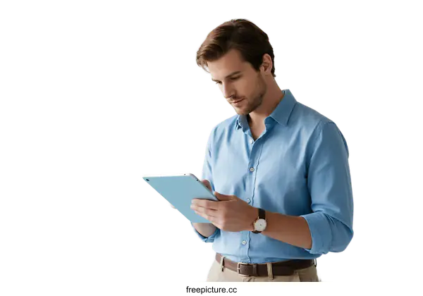 [Transparent Background PNG]Man in blue shirt using a tablet for work or study